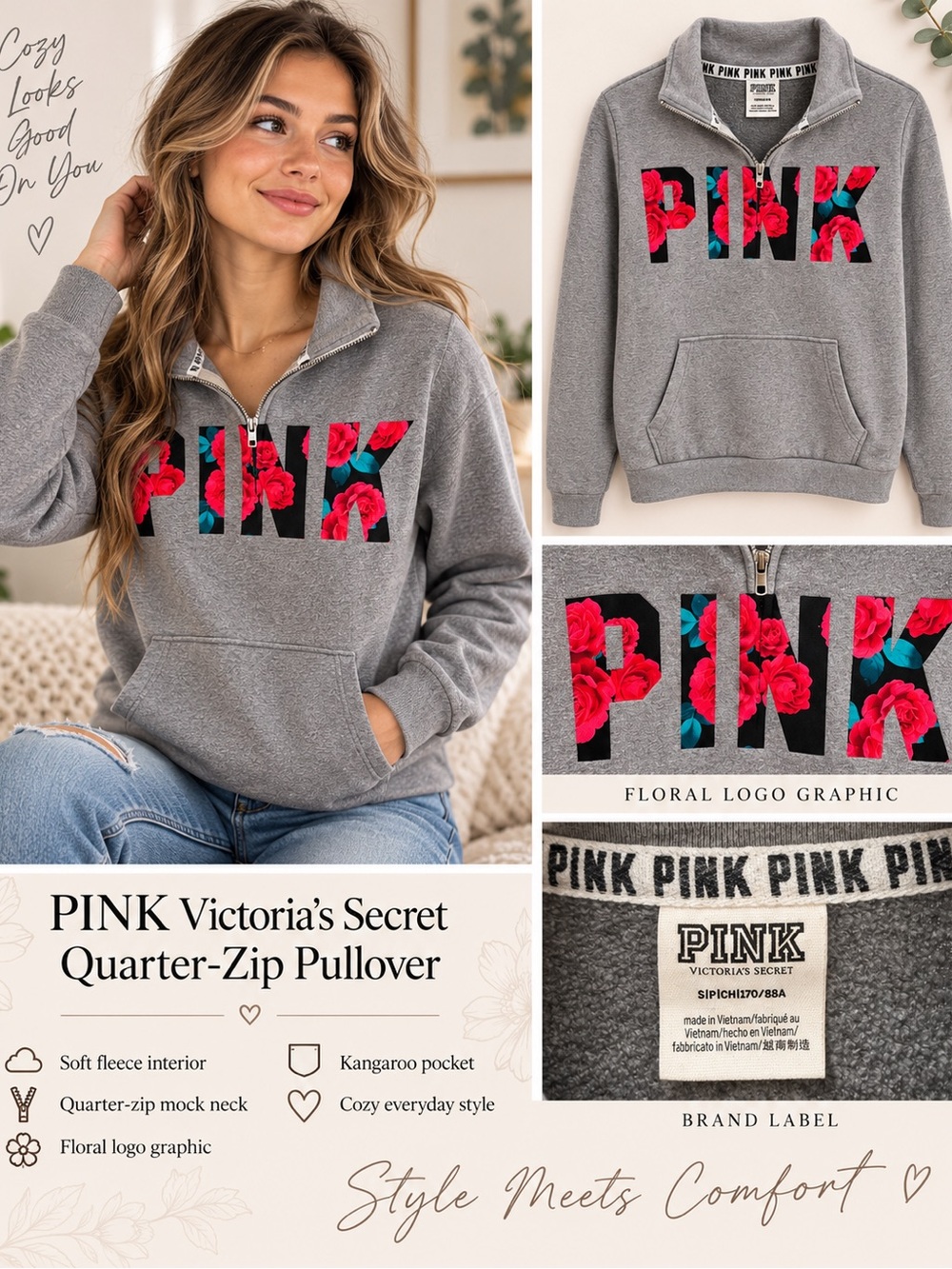 Victoria's Secret PINK Gray Quarter-Zip Pullover with Pink Floral Logo